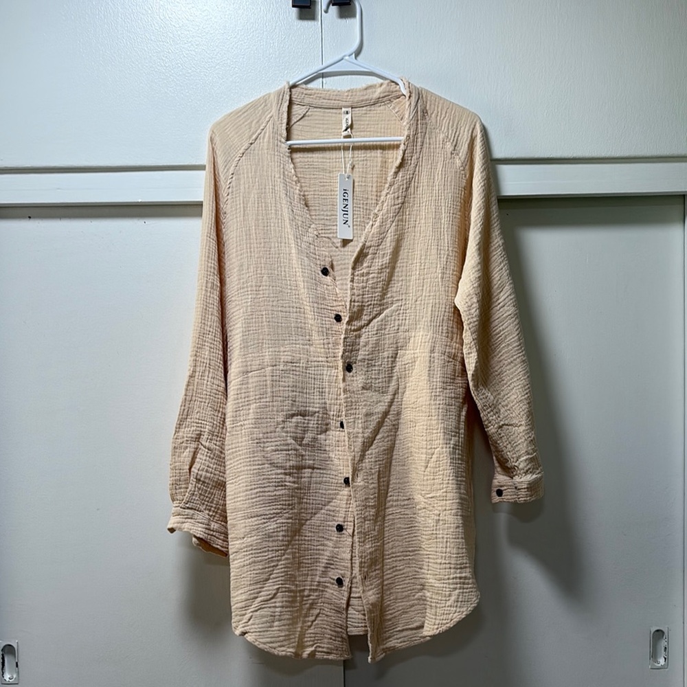 Beige Long Button-Up Shirt